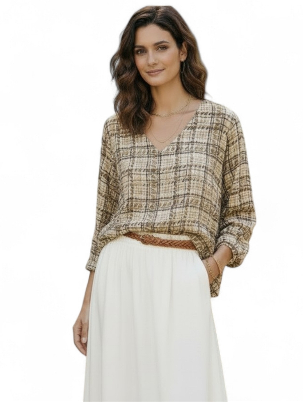 NWT Soft Boho Neutral Abstract Print Blouse | Relaxed Earthy Chic SZ M